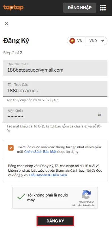 Đăng ký 188BET bước 3